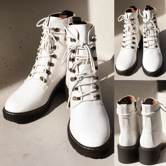 NEW White Faux Vegan Leather Laced Up Lug Sole Platform Ankle Combat Boo… - Picture 6 of 12